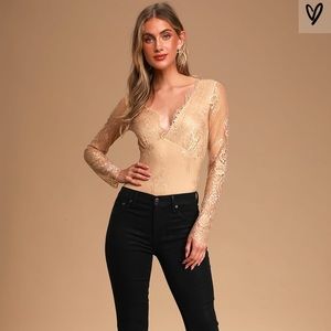 Lulu’s Beige Lace Long Sleeve Bodysuit